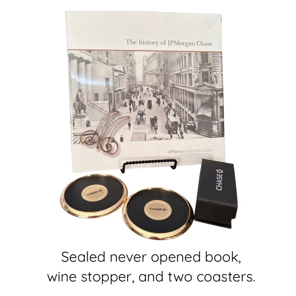 JPMorgan Chase History Book Sealed New Coasters Wine Bottle Stopper Gift Set